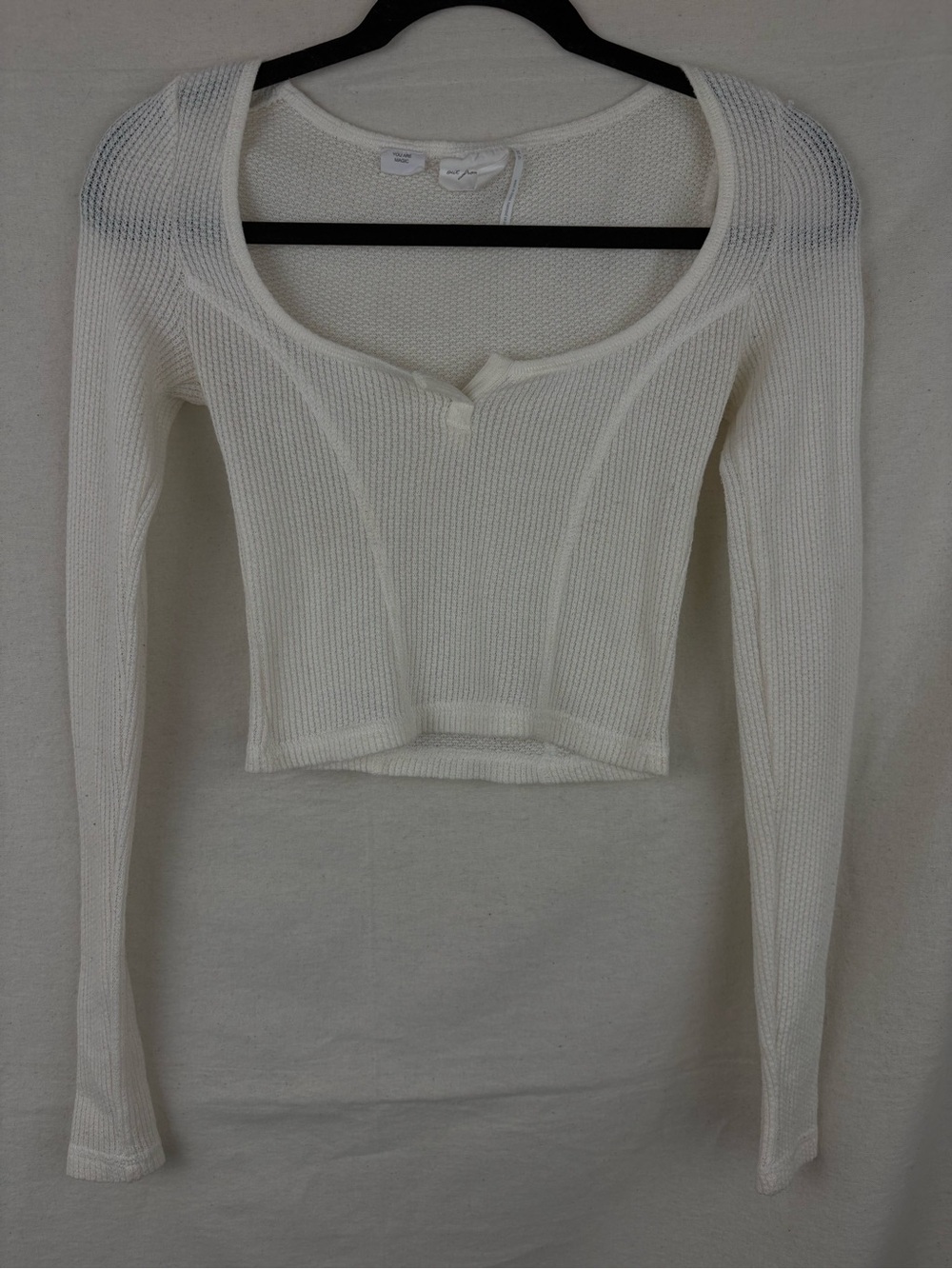 Urban Outfitters Cream White Ribbed Knit Scoop-Neck Long Sleeve Top Cropped XS